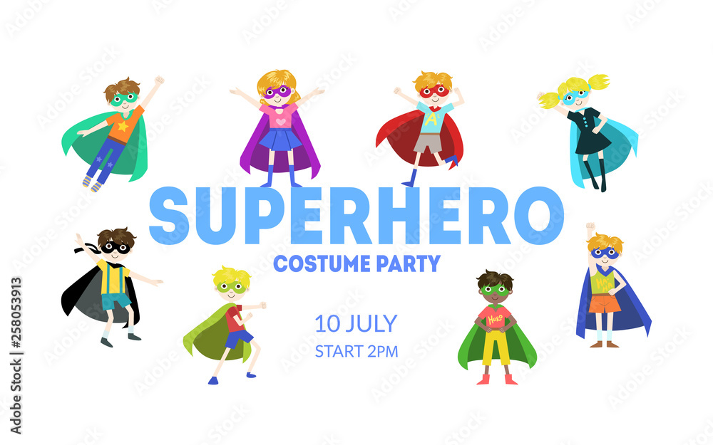 Superhero Costume Party Banner, Cute Boys and Girls in Superhero Costumes and Masks, Birthday Invitation, Landing Page Template Vector Illustration