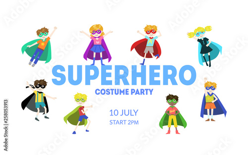 Superhero Costume Party Banner, Cute Boys and Girls in Superhero Costumes and Masks, Birthday Invitation, Landing Page Template Vector Illustration