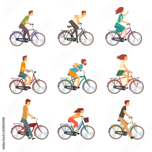 People Riding Bicycles Set, Men and Women on Bikes Vector Illustration