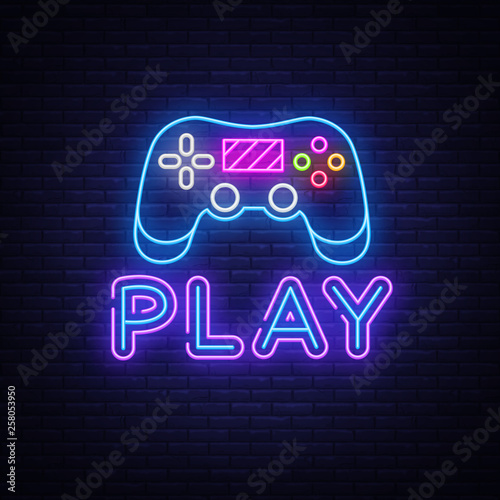 Gaming neon sign vector. Play Design template neon sign, light banner, neon signboard, nightly bright advertising, light inscription. Vector illustration