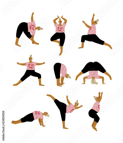 Plus Size Curvy Woman in Yoga Positions Set, Plump Girl Practicing Yoga, Sport and Healthy Lifestyle Vector Illustration