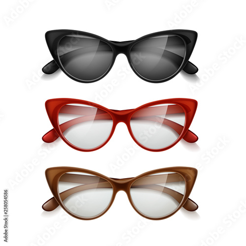 Vector set of womens sunglasses different colors in retro style isolated on background