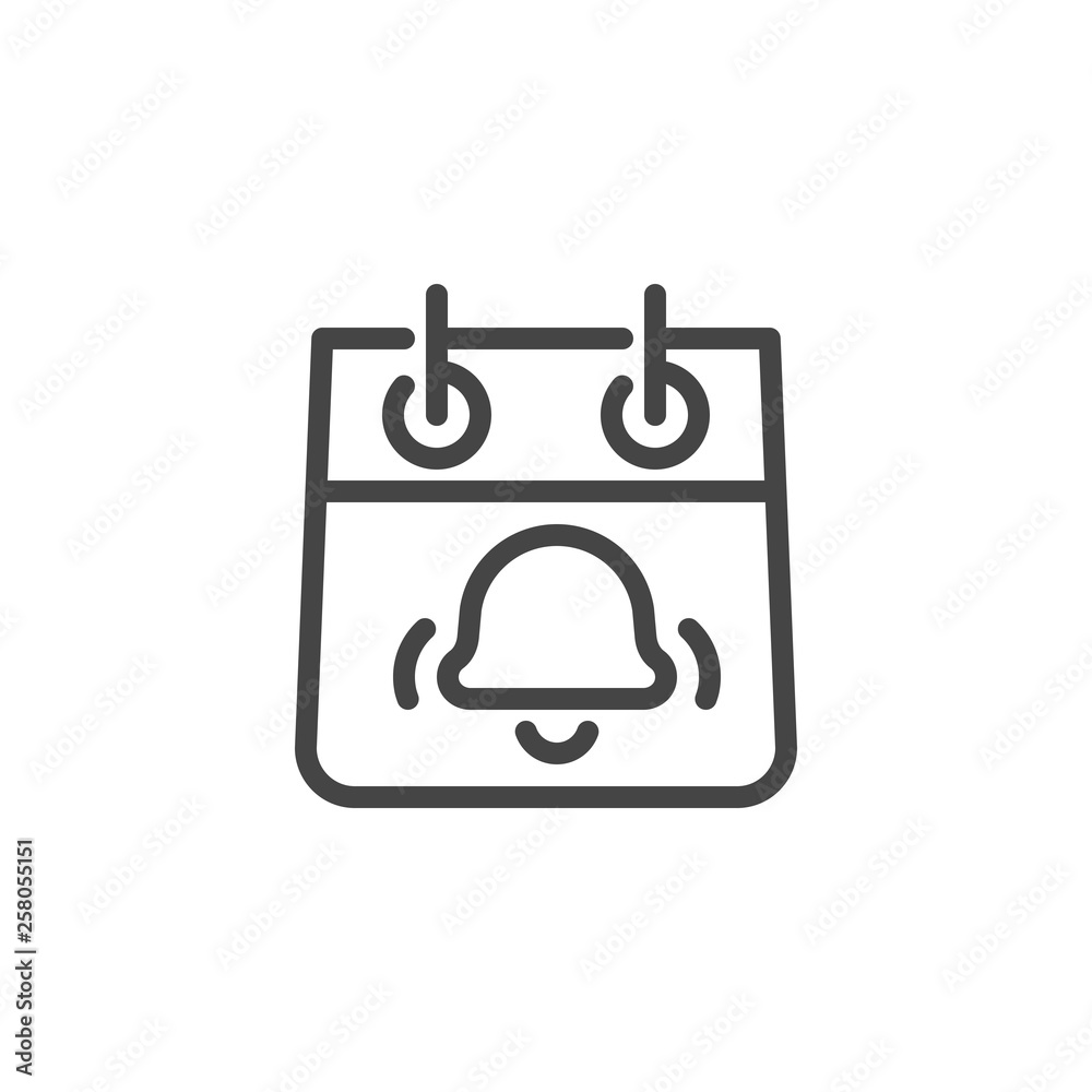 Icon of Calendar with Bell Sign. Time Management and Reminder About Important Matter Concept. Month, Day, Schedule, Event, Appointment. Vector Isolated Icons for Web and App in Contour Design Icon of Calendar with Bell Sign. Time Management and Reminder About Important Matter Concept. Month, Day, Schedule, Event, Appointment. Vector Isolated Icons for Web and App in Contour Design