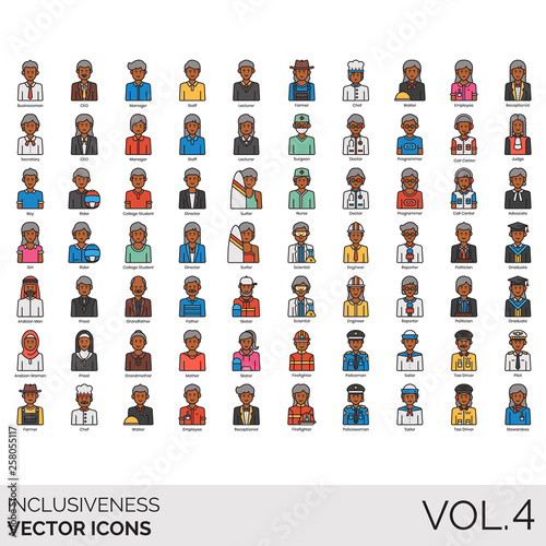 Inclusiveness icons including businessman, CEO, manager, staff, lecturer, secretary, rider, college student, director, surfer, arabian man, priest, grandfather, father, skater, woman, grandmother.