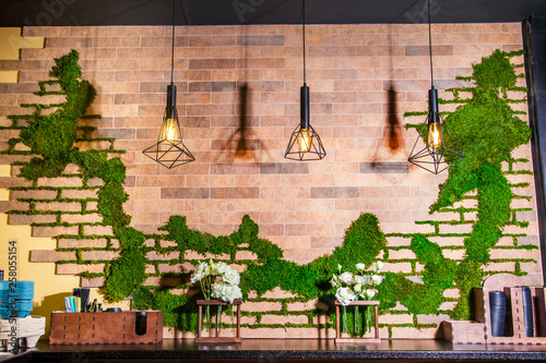 Fototapeta Photography of modern design interior in cafe using decorative wall of moss.