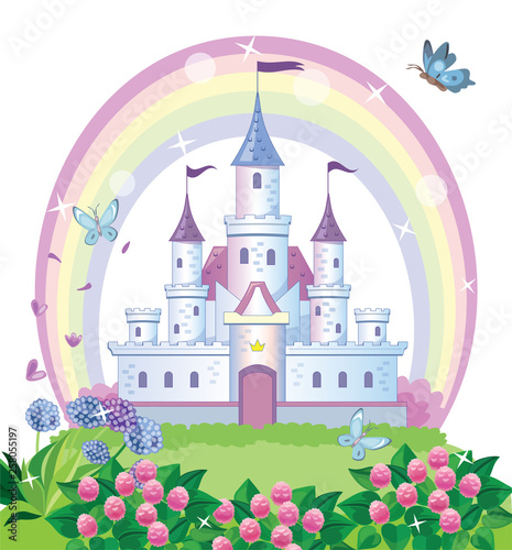 A fairy-tale castle for a Princess. Beautiful flower meadow and rainbow. Wonderland. Children cartoon illustration. Vector.