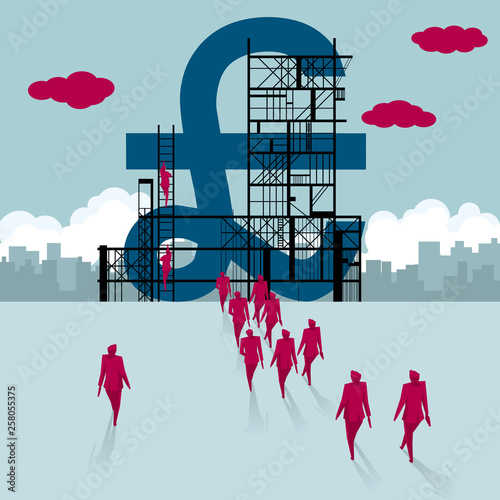 Building site, teamwork concept. A group of businessmen walked towards the pound symbol being built.