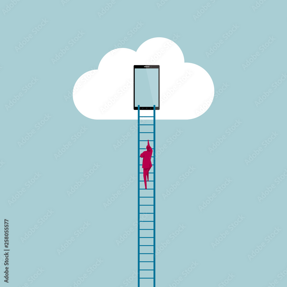 Businessman climbs up the clouds using a ladder. Isolated on blue background. Businessman climbs up the clouds using a ladder. Isolated on blue background.