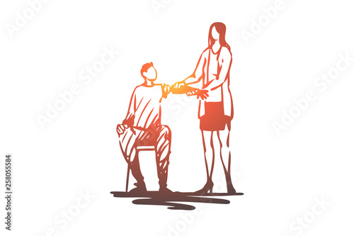 Man, arm, prosthesis, bionic, technology concept. Hand drawn isolated vector.
