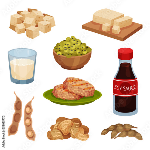 Collection of soy products on white background.