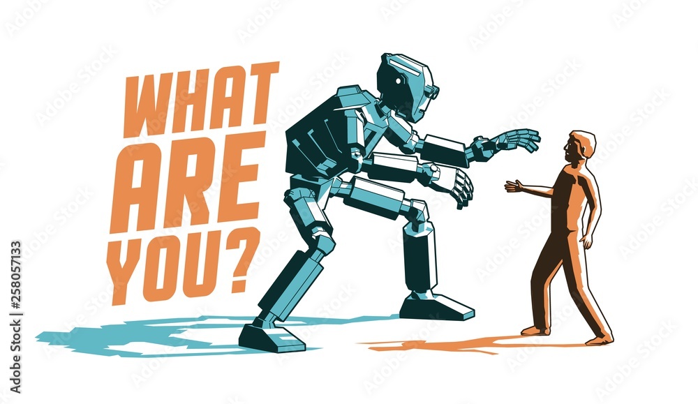 Meeting a cyborg robot and a man - retro vintage poster in stamp style