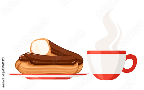 Sweet and yummy cream eclair dessert with tea cup. Choux pastry filled with cream. Flat vector illustration isolated on white background. Dessert set