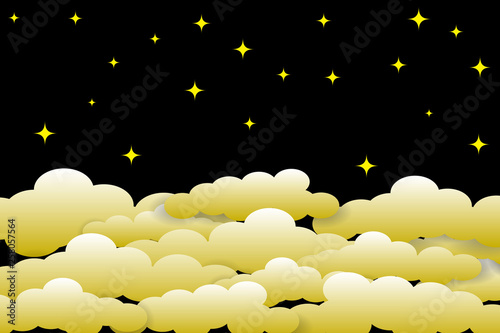 Multilayered night sky. Golden clouds and stars on black background. Paper cut style