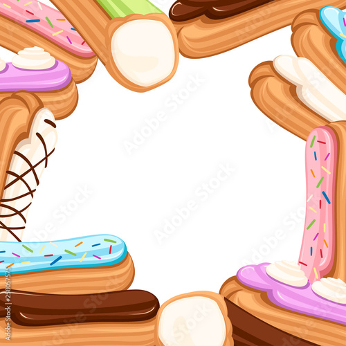 Pattern of Sweet and yummy cream eclair dessert. Choux pastry filled with cream. Flat vector illustration on white background. Dessert set