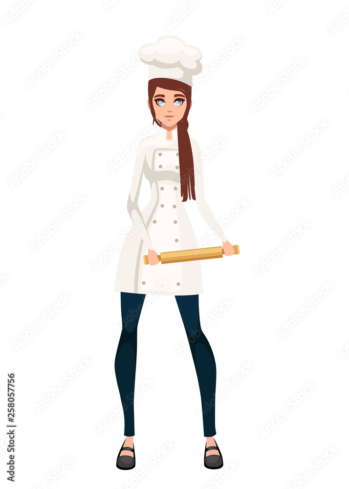 Beautiful women chef with brown hair, women hold rolling pin. Bakery young female chef. Cartoon character design. Flat vector illustration isolated on white background Beautiful women chef with brown hair, women hold rolling pin. Bakery young female chef. Cartoon character design. Flat vector illustration isolated on white background