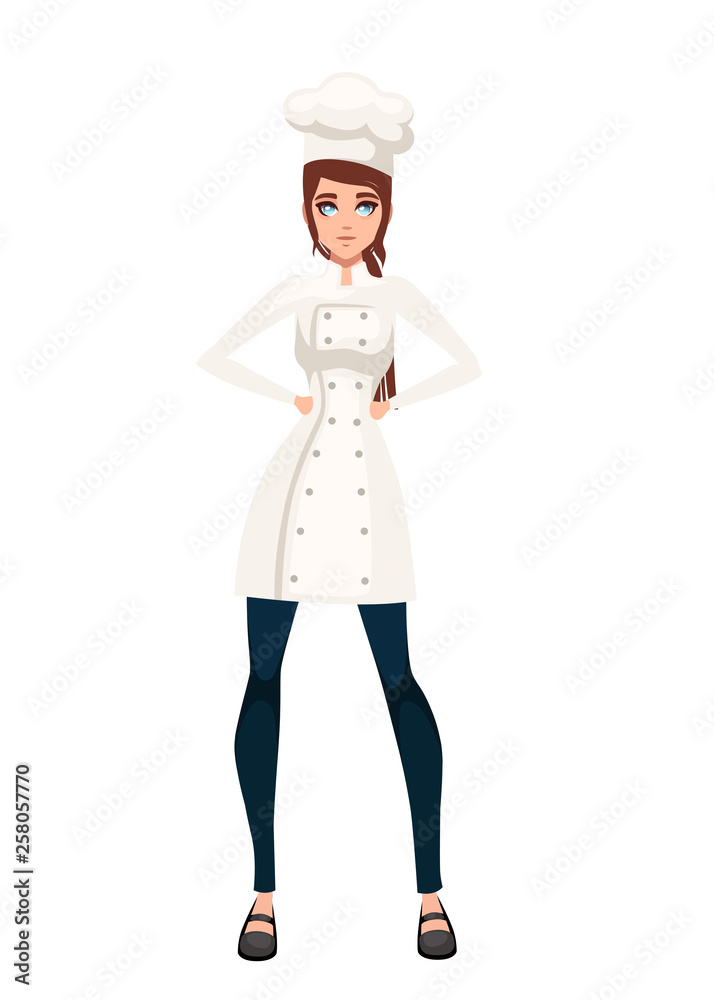 Beautiful women chef with brown hair. Bakery young female chef. Cartoon character design. Flat vector illustration isolated on white background Beautiful women chef with brown hair. Bakery young female chef. Cartoon character design. Flat vector illustration isolated on white background