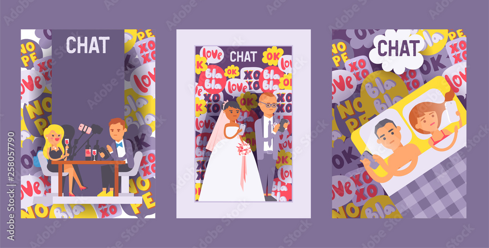 People gadget vector man woman character looking at mobile phone illustration backdrop set of bride bridegroomwith device smartphone cellphone laptop background