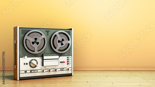 Old portable reel to reel tube tape recorder on the flor in room 3d render image