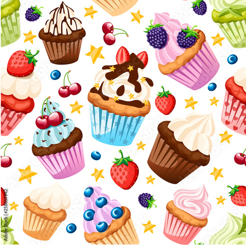 Seamless pattern. Collection of cupcakes with different ingredients. Set of sweet cakes. Colorful dessert. Flat vector illustration on white background