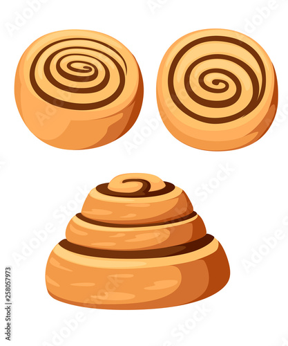 Bun with cinnamon. Freshly baked sweet cake. Baked pastry item. Flat vector illustration isolated on white background