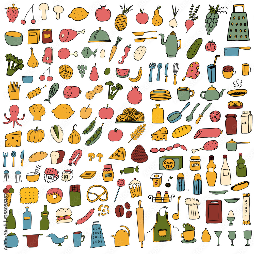 Big color food set on white background. Free hand drawn. Vector illustration.