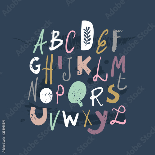 Vector modern funny playful childish font, clip art letters, alphabet