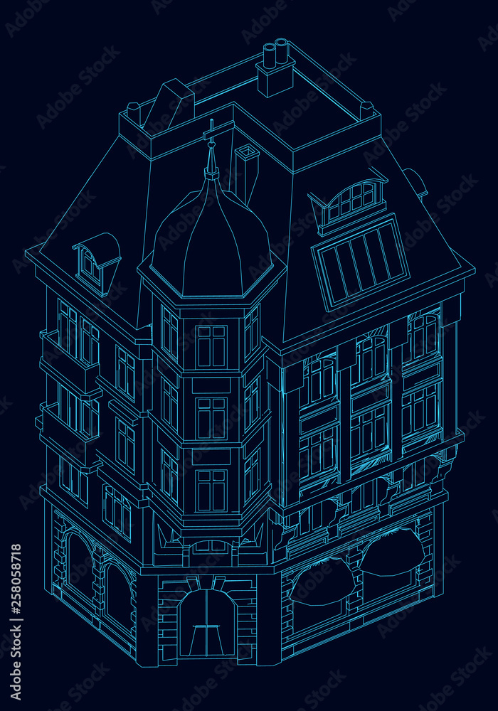 Contour of the building. Isometric view. Contour of the building of the blue lines on a dark background. Vector illustration