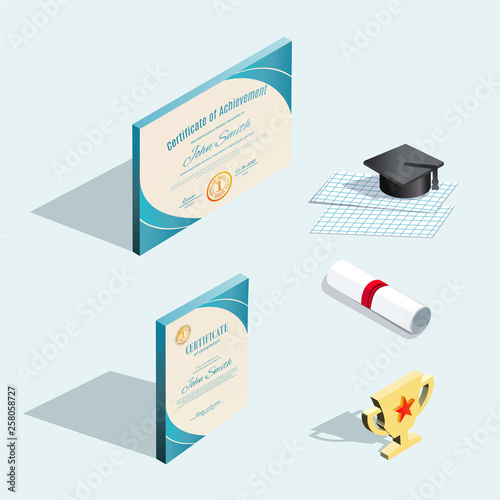 Isometric icons. Official certificates with turquoise design elements and graduation cap with shadow, scroll with red ribbon. Horizontal and vertical blanks