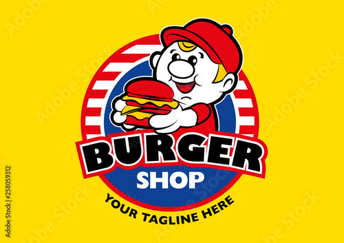 Cartoon cute fat boy character delivery burger shop vector illustration signage