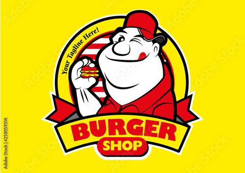 Cartoon Happy fat man eating a burger. Vector mascot character logo illustration
