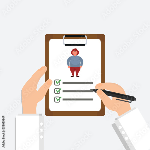 Obesity in women. Doctors hand holding clipboard. Nutritionist. Medical recipe and healthcare report. Vector Illustration
