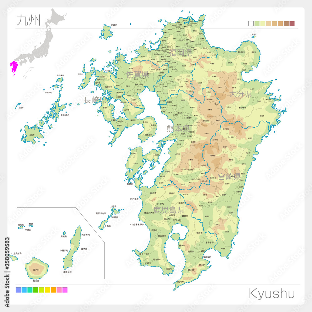 九州地方の地図・Kyushu（等高線・色分け）