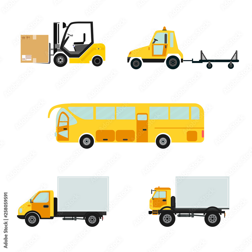 Transport set. Set of city cars, vector illustration of transport with bus and loader, truck. Delivery services concept. Transport set. Set of city cars, vector illustration of transport with bus and loader, truck. Delivery services concept.