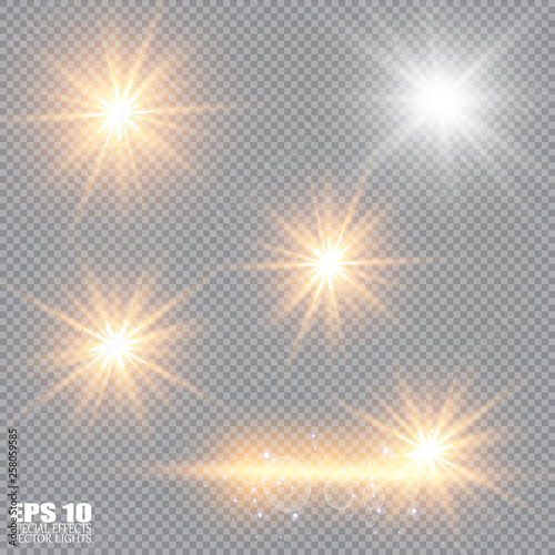 Vector illustration of abstract flare light rays. A set of stars, light and radiance, rays and brightness. Glow light effect. Vector illustration. Christmas flash Concept