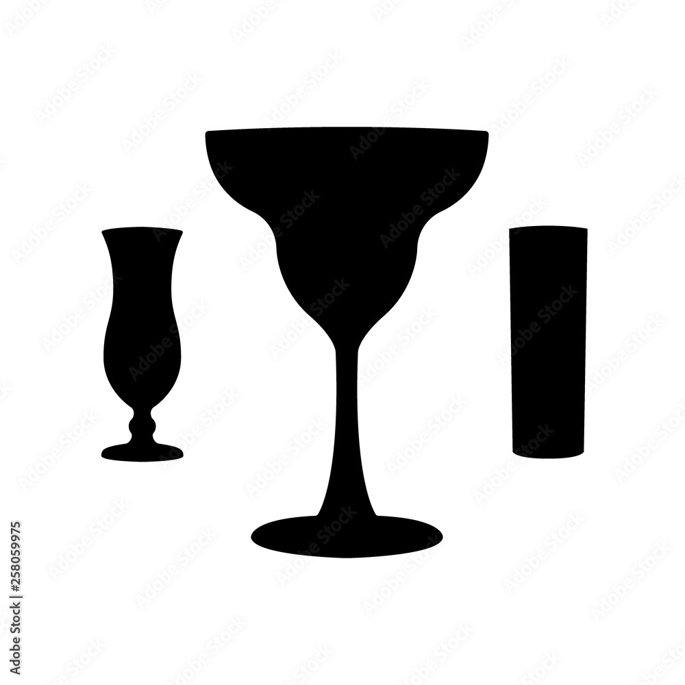 Glasses for cocktails. Three shapes, black silhouettes Glasses for cocktails. Three shapes, black silhouettes