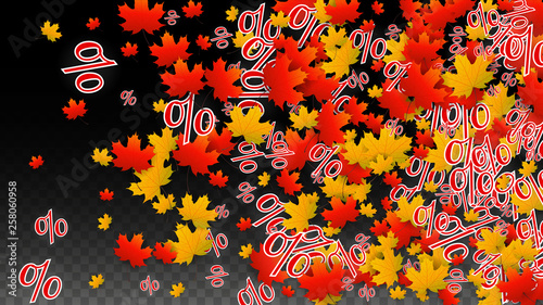 Vector Percentage Sign and Autumn Leaves Confetti on Transparent Background. Percent Sale Background. Business, Economics, Finance Print. Discount Illustration. Promotion poster. Black Friday Banner. 