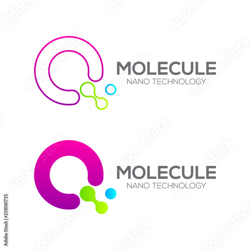 Letter Q with Dot and Curve ,Circles shape connected, Molecule and Nano Technology logotype, innovation tech, Medicine, Science, Laboratory, Cosmetics