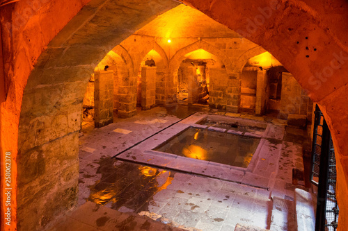 12. century historical Pişirici Kasteli and Mosque, a famous water architecture with running groundwater toilet and bath system, Gaziantep Turkey