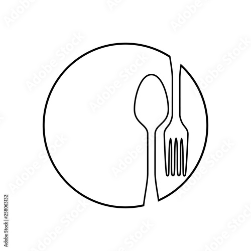 Icono plano lineal cubiertos en círculo en color negro