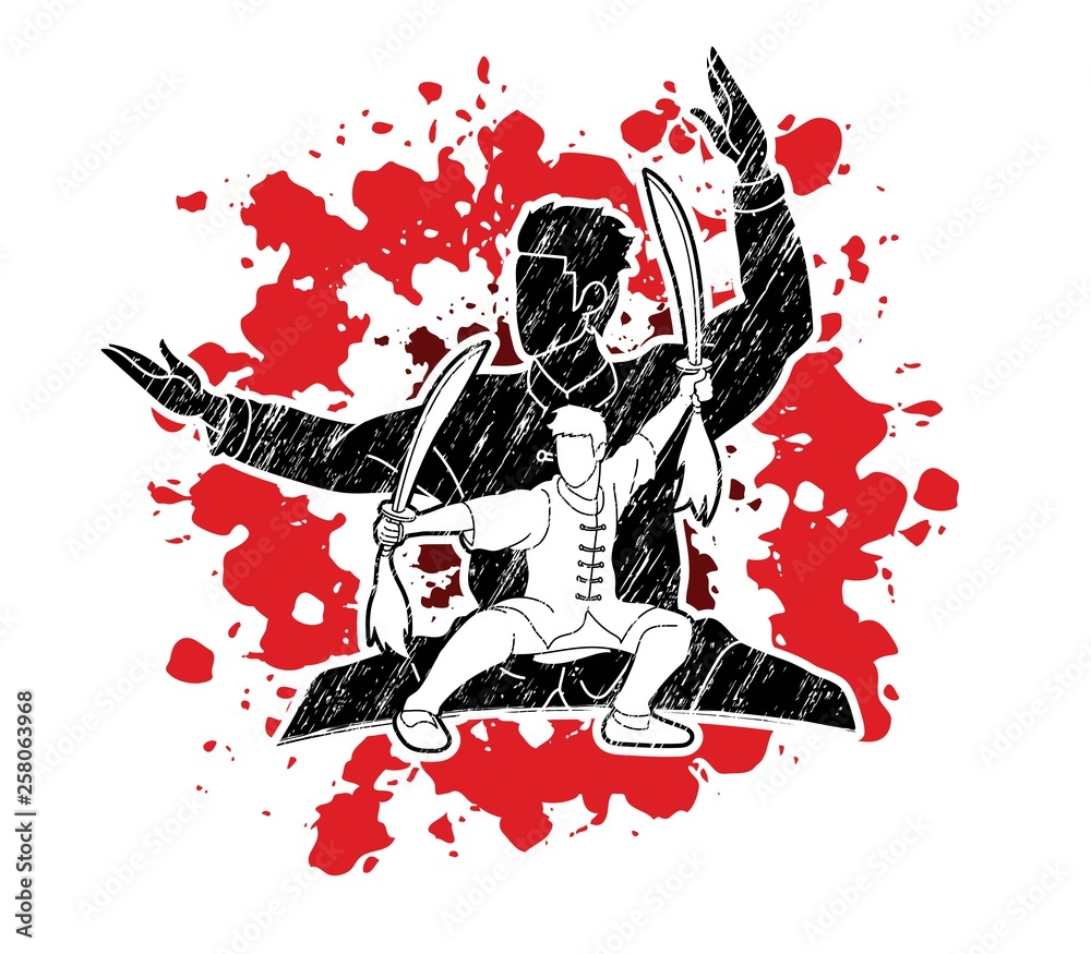 Fototapeta premium Kung Fu, Wushu with swords pose graphic vector.