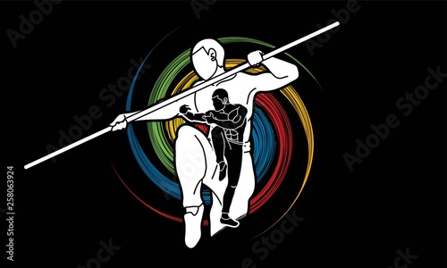 Kung Fu with quarterstaff action cartoon graphic vector.