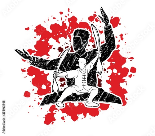Kung Fu, Wushu with swords pose graphic vector.