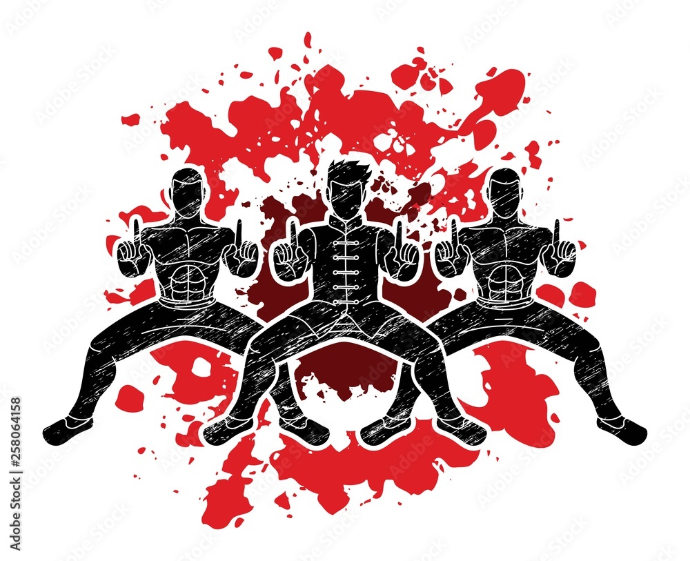 Obraz premium Group of people pose kung fu fighting action graphic vector.