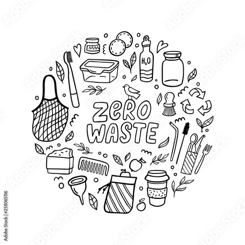 Zero waste lifestyle concept. Hand-drawn elements in eco-style. Doodle Vector illustration. Good for logo, posters, banners, web design, books, flyer or cards.