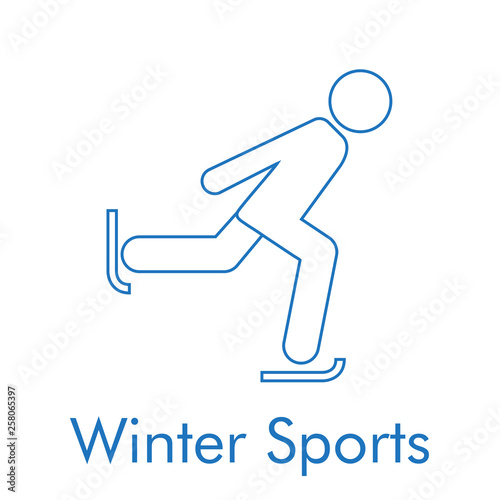 Logotipo con texto Winter Sports con icono lineal patinador hielo color azul