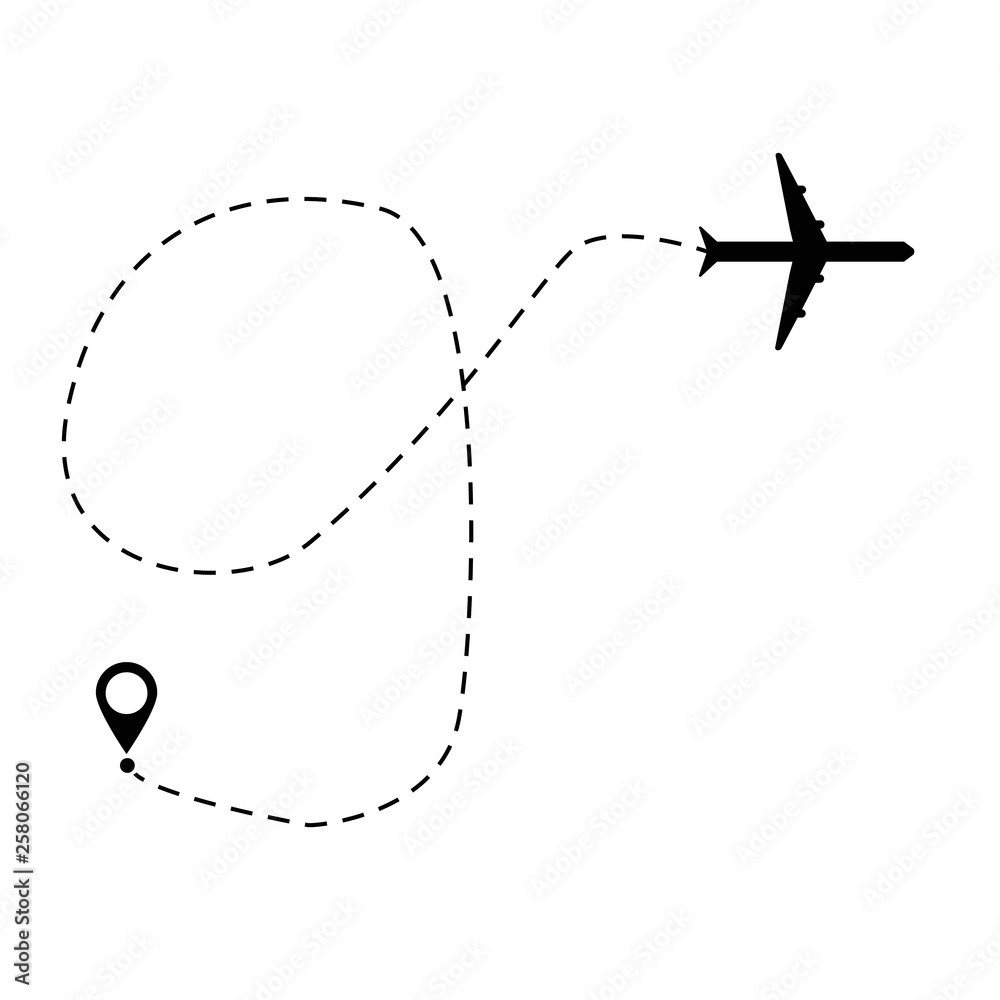 plane and track icon on a white background. flat style. airplane path in dotted line shape. airplane flying symbol. airplane line sign. plane and track icon on a white background. flat style. airplane path in dotted line shape. airplane flying symbol. airplane line sign.