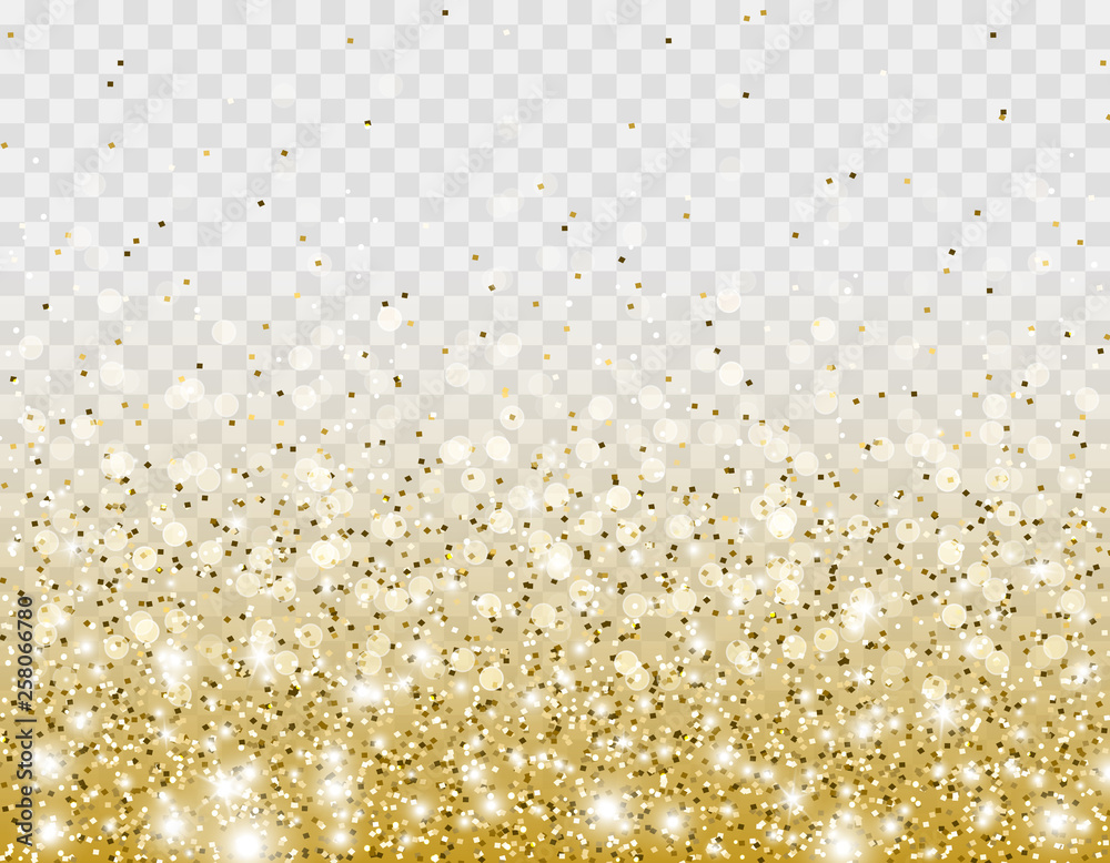 Gold glitter particles and lights effect for luxury greeting card. Vector glowing golden shimmer texture with confetti for new year, christmas design. Star dust sparks on transparent background.