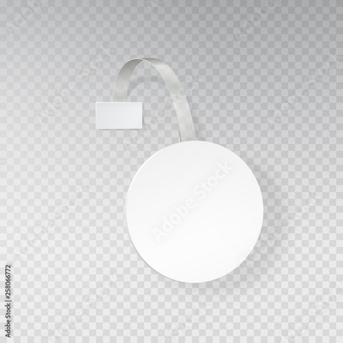 Sales point tag mock up. White empty round supermarket wobbler isolated on transparent background. Vector circle shelf plastic price banner or label template.