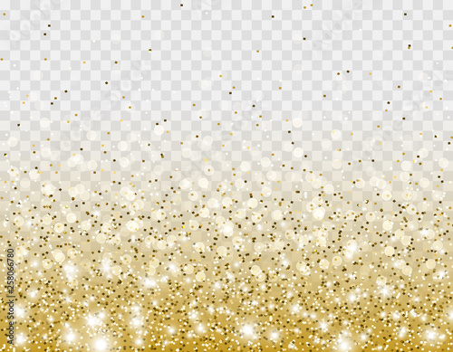 Gold glitter particles and lights effect for luxury greeting card. Vector glowing golden shimmer texture with confetti for new year, christmas design. Star dust sparks on transparent background.