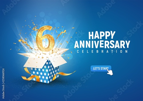 6 th years anniversary banner with open burst gift box. Template sixth birthday celebration and abstract text on blue background vector illustration